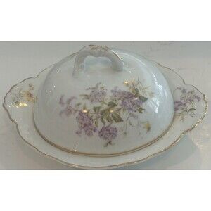 Austria  Merkelgrun Porcelain Covered Butter Dish with Underplate Gold Trim 1912